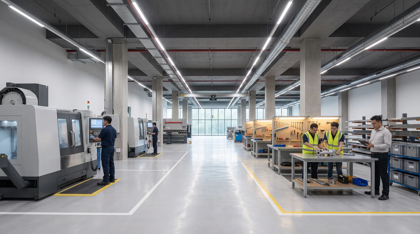 CNC machining workshop with machine tools, benches and marked circulation aisles
