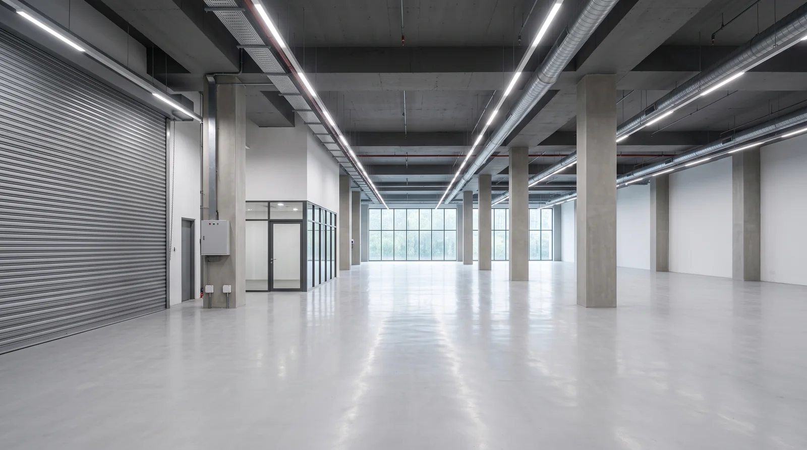 Bare B2 industrial unit with polished concrete floor, roller shutter and exposed services