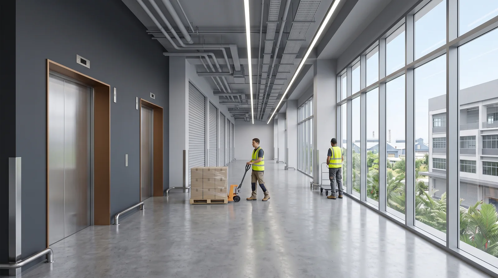 Upper-floor common corridor with lift lobby and unit roller shutters on a ramp-up industrial building