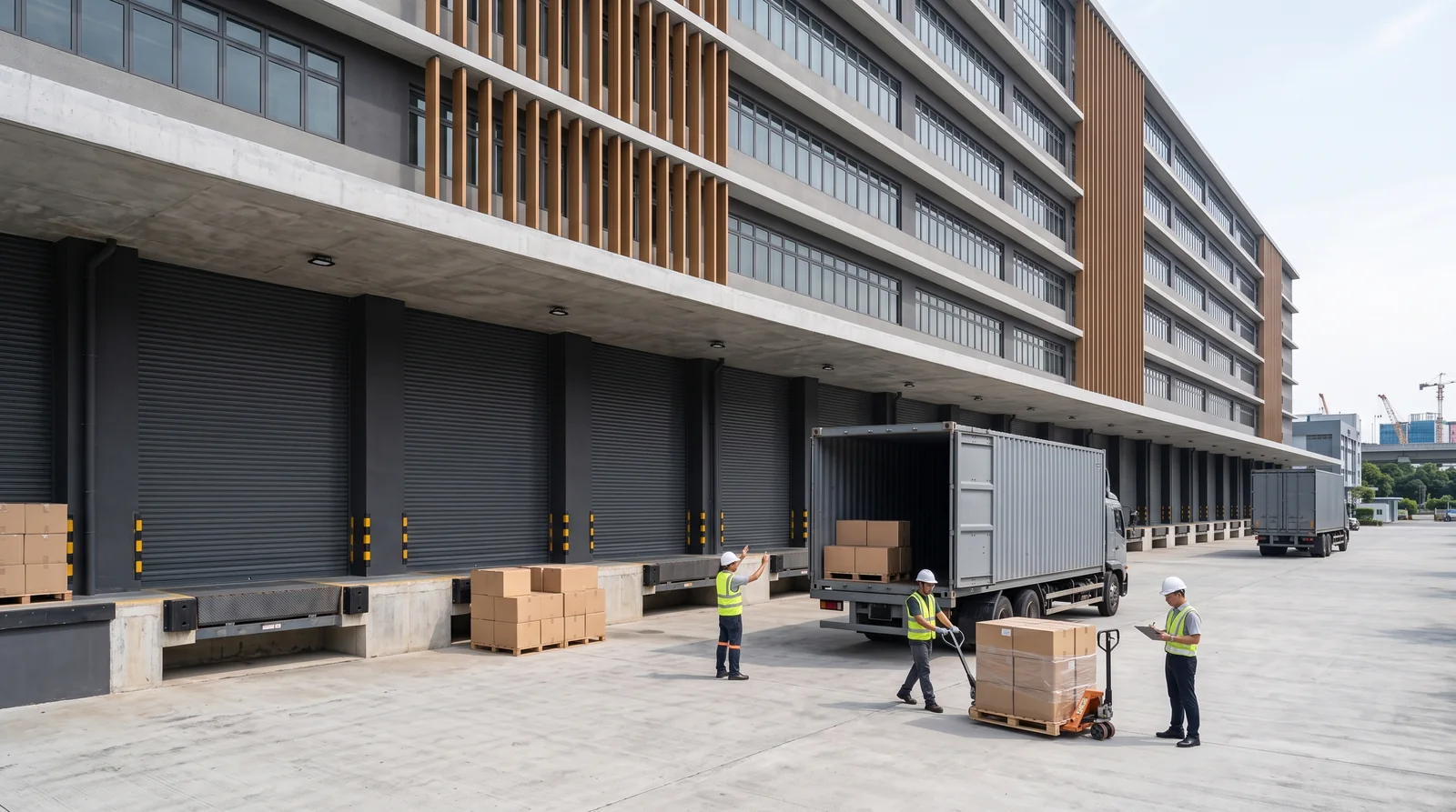 Covered loading bays along a multi-storey industrial building with a container lorry docked