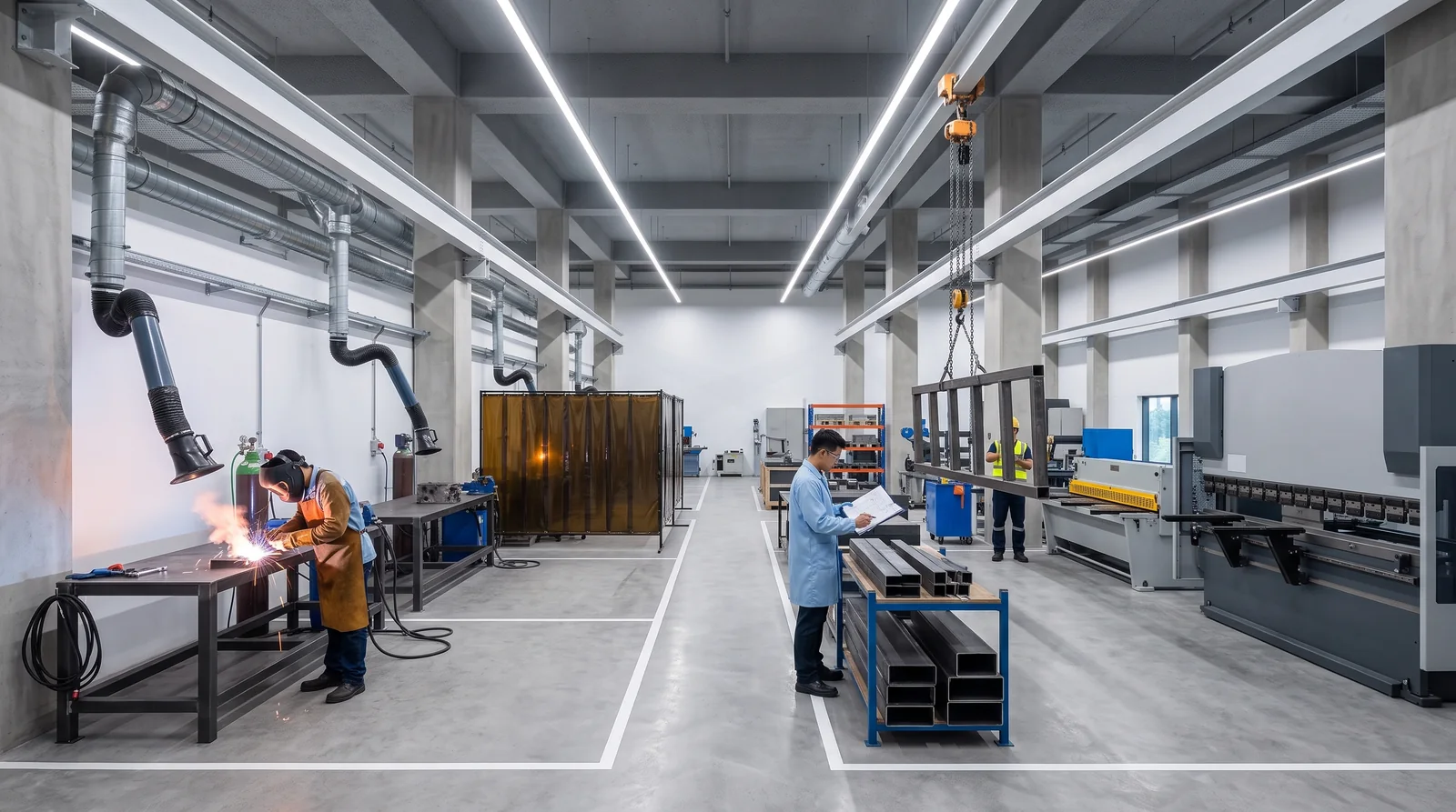 Fabrication bay with welding station, fume extraction arms and overhead lifting