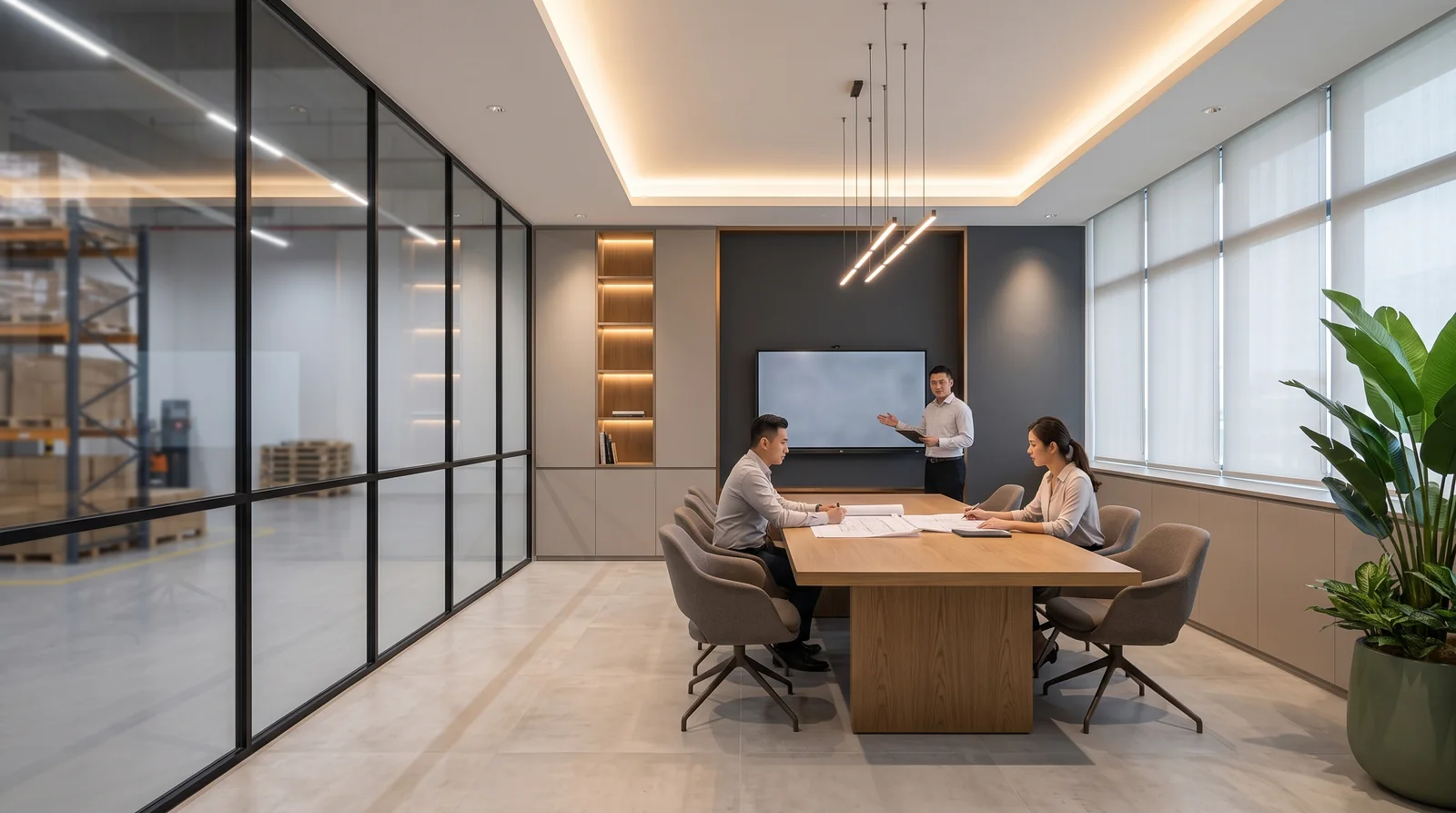 Ancillary office and meeting room within an industrial unit, glazed to the warehouse floor