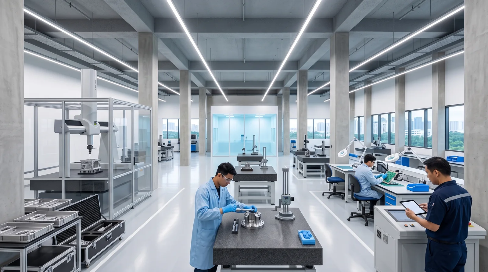 Precision engineering quality control laboratory with coordinate measuring machine and granite tables