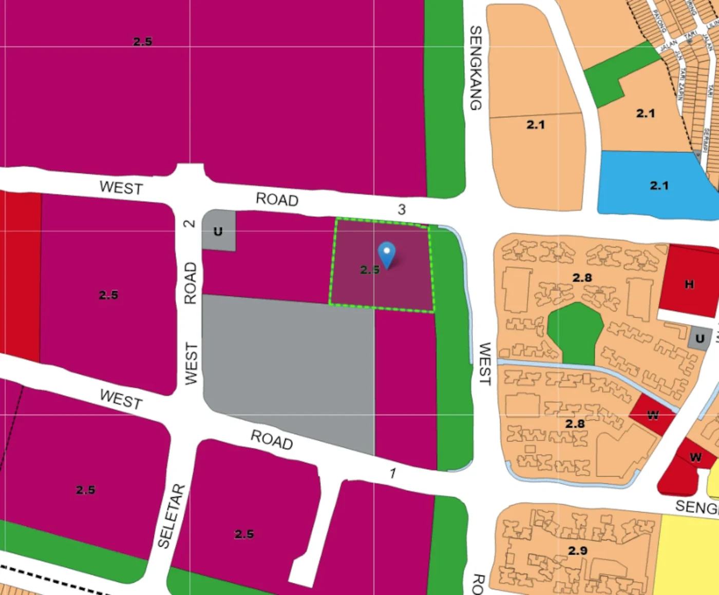 URA Master Plan extract showing the Sengkang Connection site outlined in green, zoned Business 2 with plot ratio 2.5, bounded by Seletar West Road 3 and Sengkang West Road