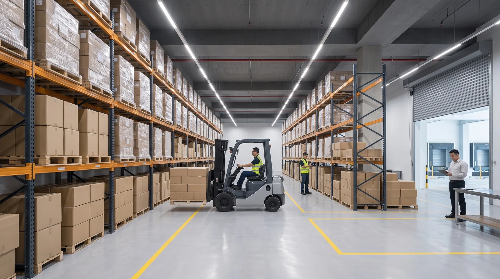 Warehouse floor with selective pallet racking, a counterbalance forklift and demarcated aisles